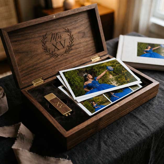 Cofre de madera y fotografías impresas